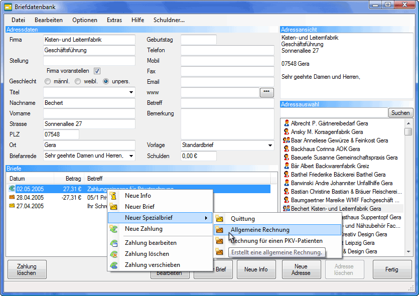 Screenshot der Briefdatenbank