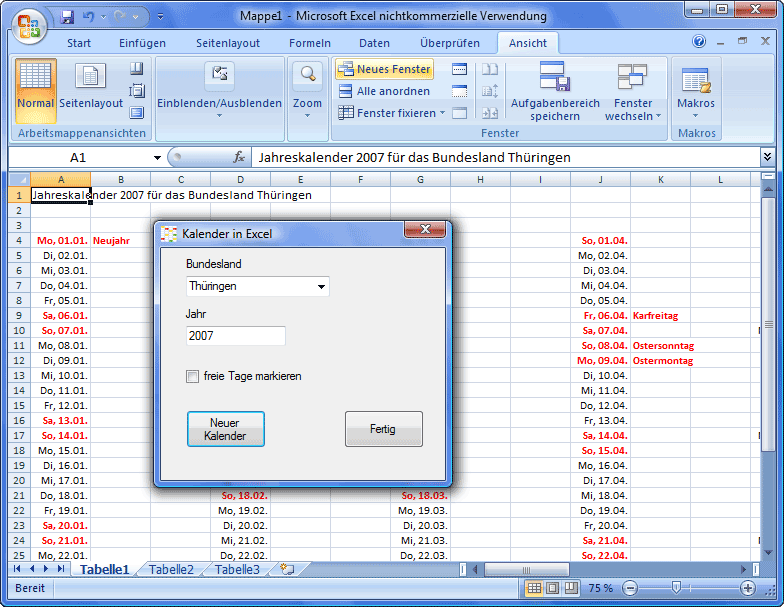 Excel Jahreskalender